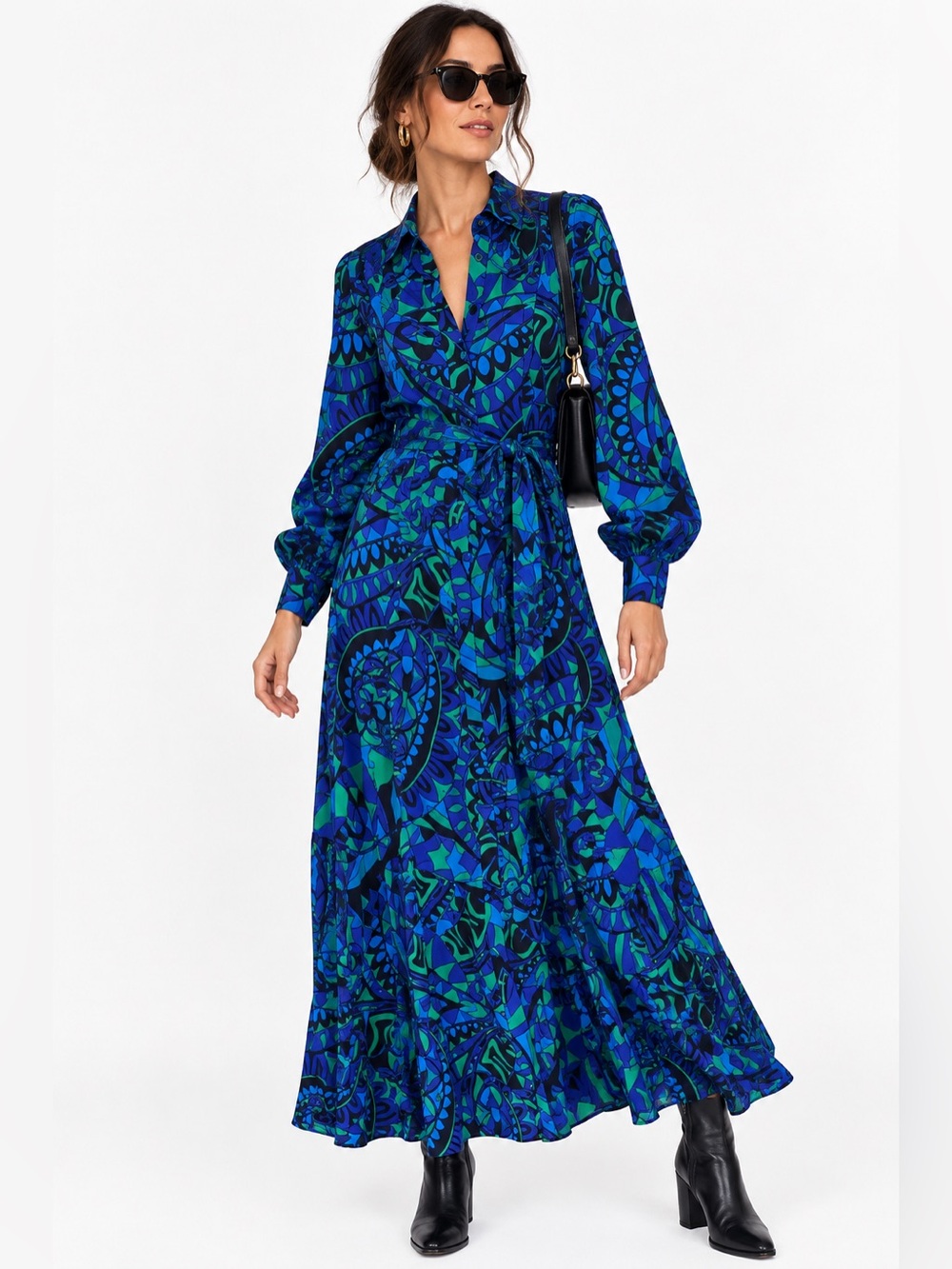 Boden Blue Green Martha Godet Maxi Shirt Dress Kaleidoscopic Whimsical 10